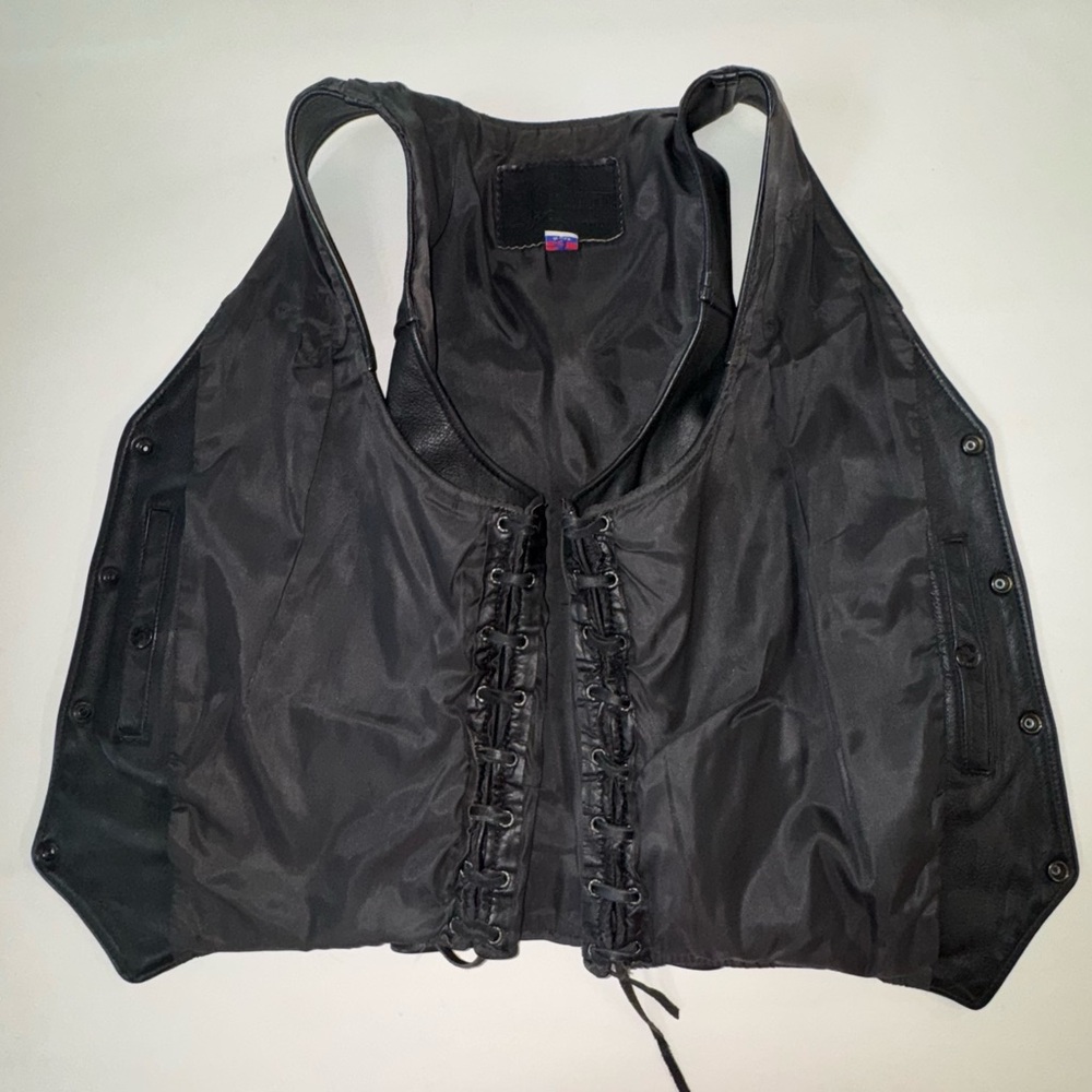 Black Leather Motorcycle Vest with Lace-Up Sides (46) - Picture 10 of 17